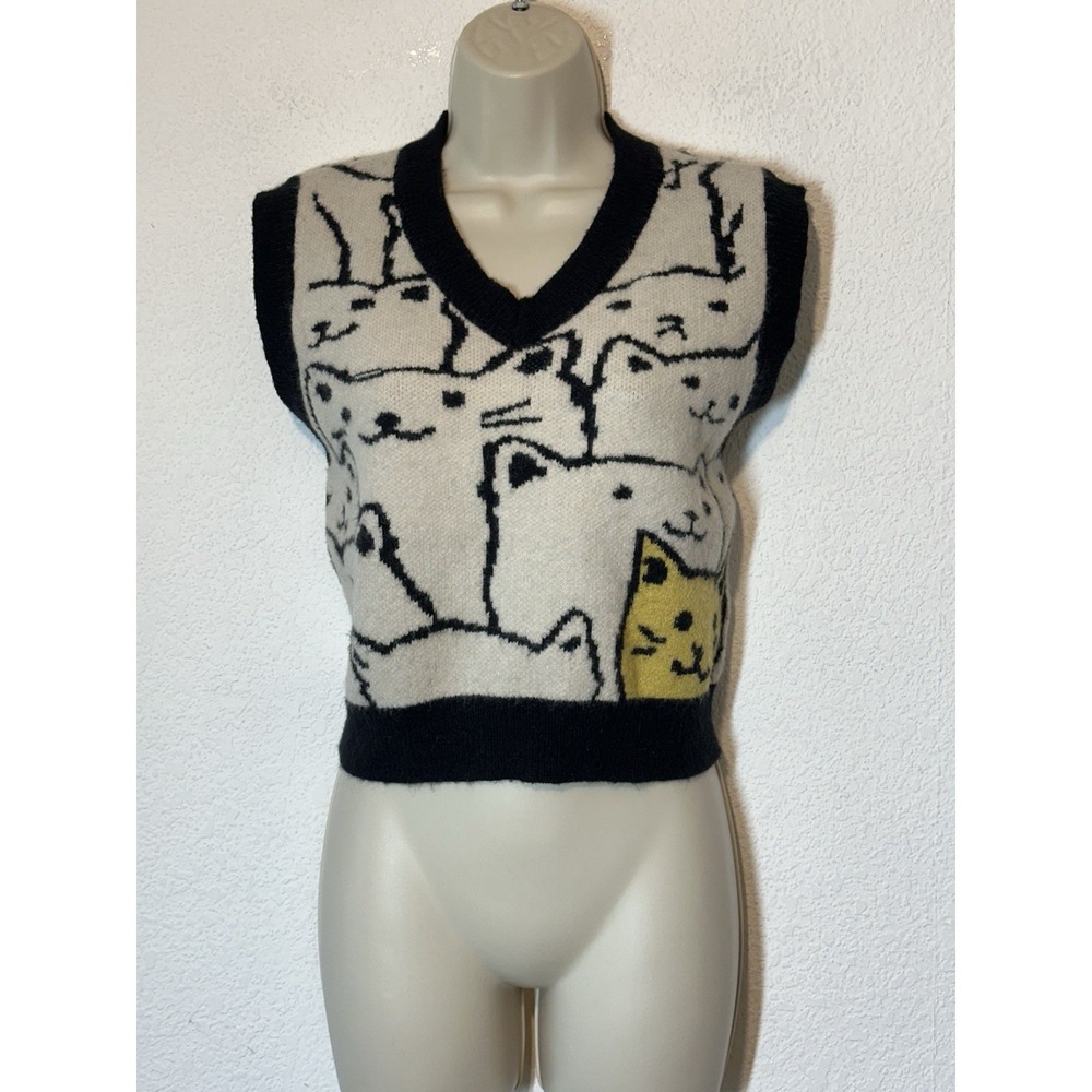 Cider Cat Lover V-neck Sweater Vest Cats Black & White Cropped Size XL